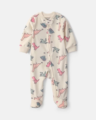 Baby Girl Dinosaur Fleece 2-Way Zip Sleep & Play Pajamas - Cream