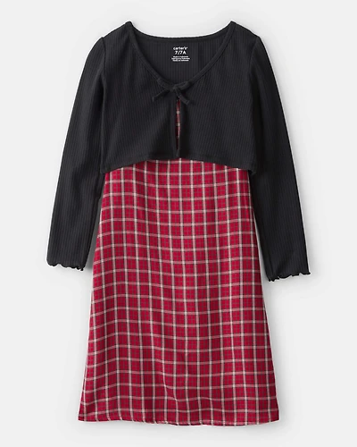 Girls 2-Piece Plaid Long-Sleeve Dress Set - Red