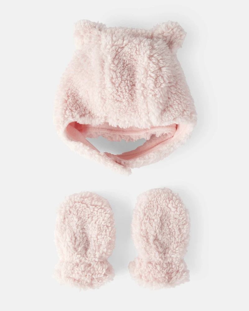 Baby Girl Sherpa Winter Hat & Mittens Set - Pink