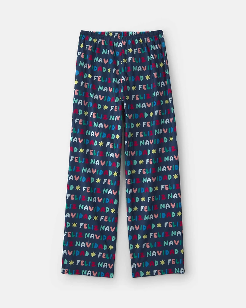 Kids 'Feliz Navidad' Christmas Fleece Loose Fit Pajama Bottoms - Navy Blue