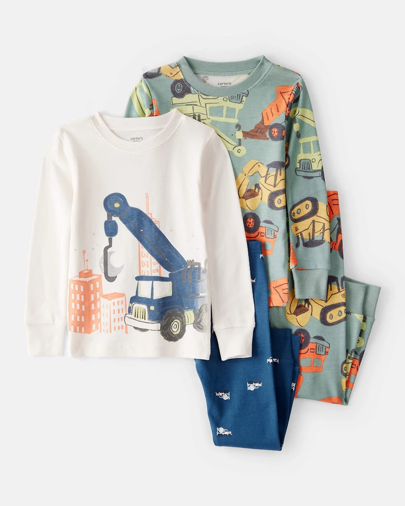 Toddler Construction Print 100% Cotton Long-Sleeve Sug Fit 4-Piece Pajamas - Blue/Navy/White