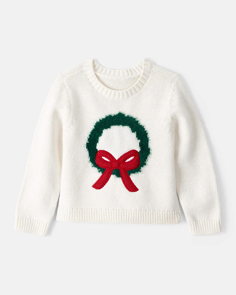 Toddler Girl Christmas Wreath Long-Sleeve Sweater - White