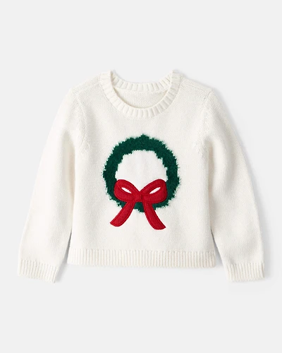 Toddler Girl Christmas Wreath Long-Sleeve Sweater - White