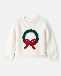 Toddler Girl Christmas Wreath Long-Sleeve Sweater - White