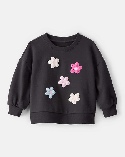 Baby Girl Floral French Terry Long-Sleeve Pullover Sweatshirt - Black