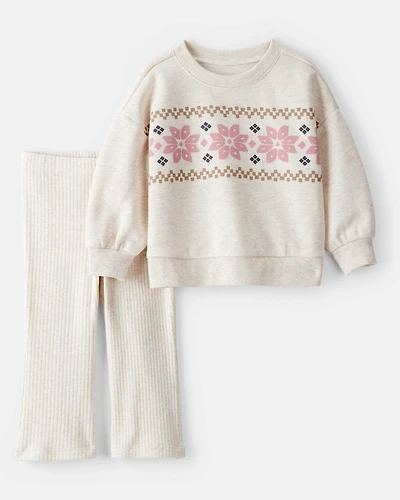 Baby Girl Fairisle Fleece Pullover & Pant Set - Ivory