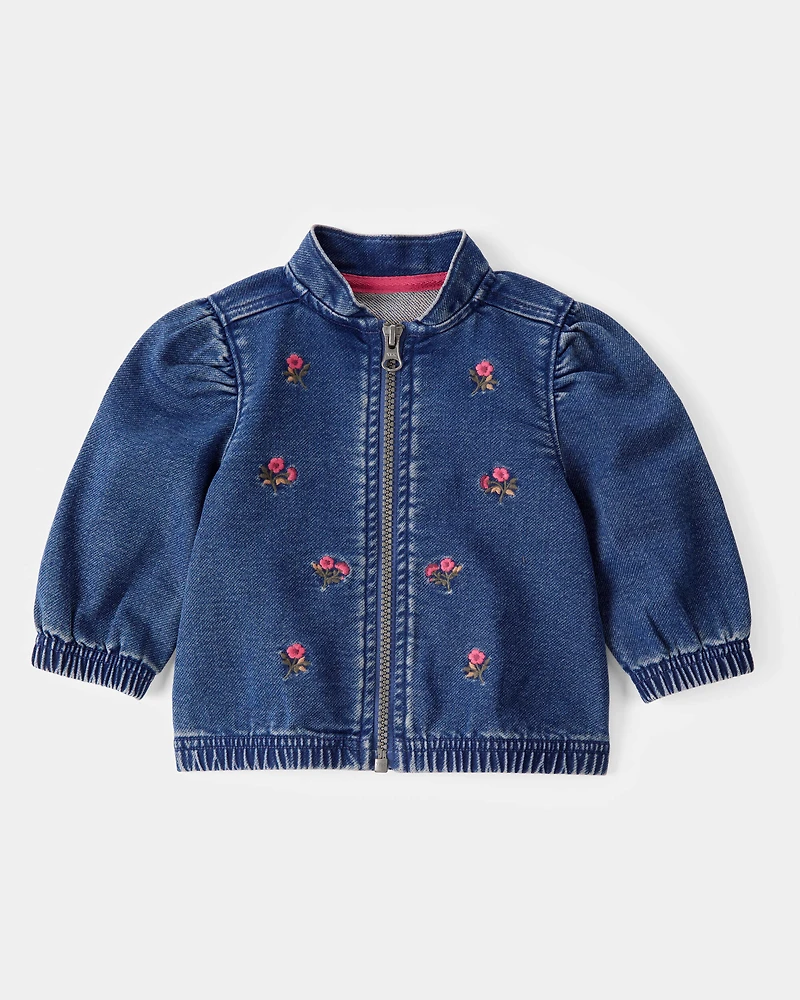 Baby Floral Denim Embroidery Zip-Up Jacket - Utility Blue Wash
