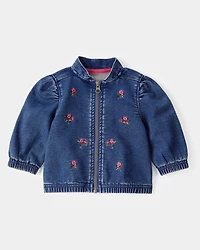 Baby Floral Denim Embroidery Zip-Up Jacket - Utility Blue Wash