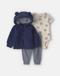 Baby Boy 3-Piece Bear Teddy Fleece Layering Set - Navy Blue/Cream