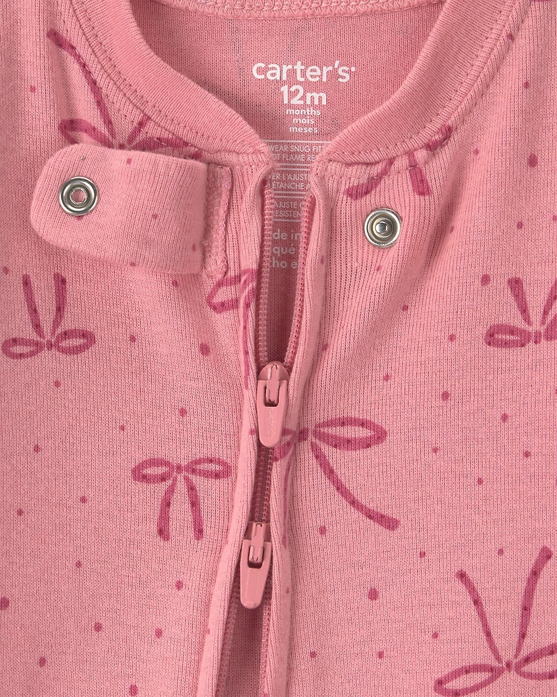Baby Girl 1-Piece Bows 2-Way Zip 100% Cotton Snug Fit Footed Pajama - Pink