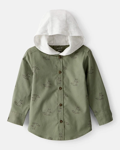 Toddler Boy Racoon Print Cotton Long-Sleeve Hooded Button-Down Shirt - Green