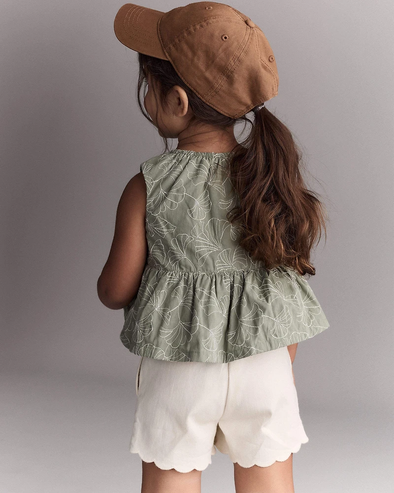 Toddler Girl Embroidered Peplum Top in Floral Print - Green