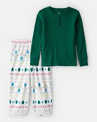 Toddler Snowman Fair Isle Cotton Long-Sleeve Snug Fit 2-Piece Pajamas - Green/White