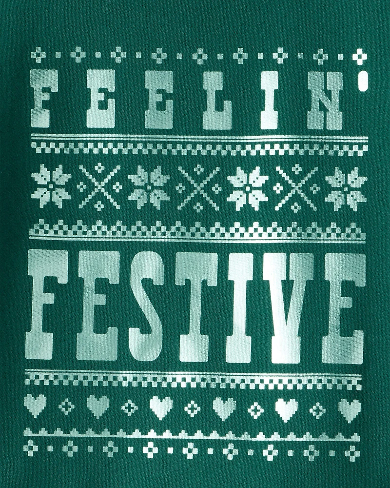 Girls Christmas Festive Long-Sleeve Pullover Sweatshirt - Green