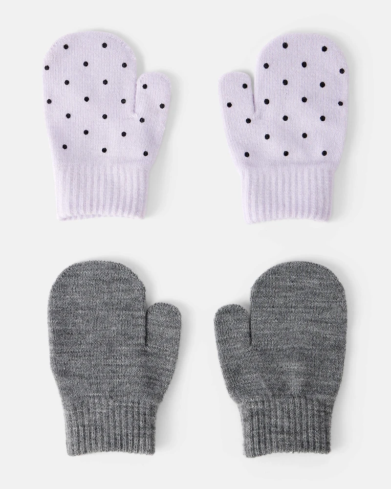 Toddler Girl 2-Pack Cat Polka Dot Winter Mittens - Purple/Grey
