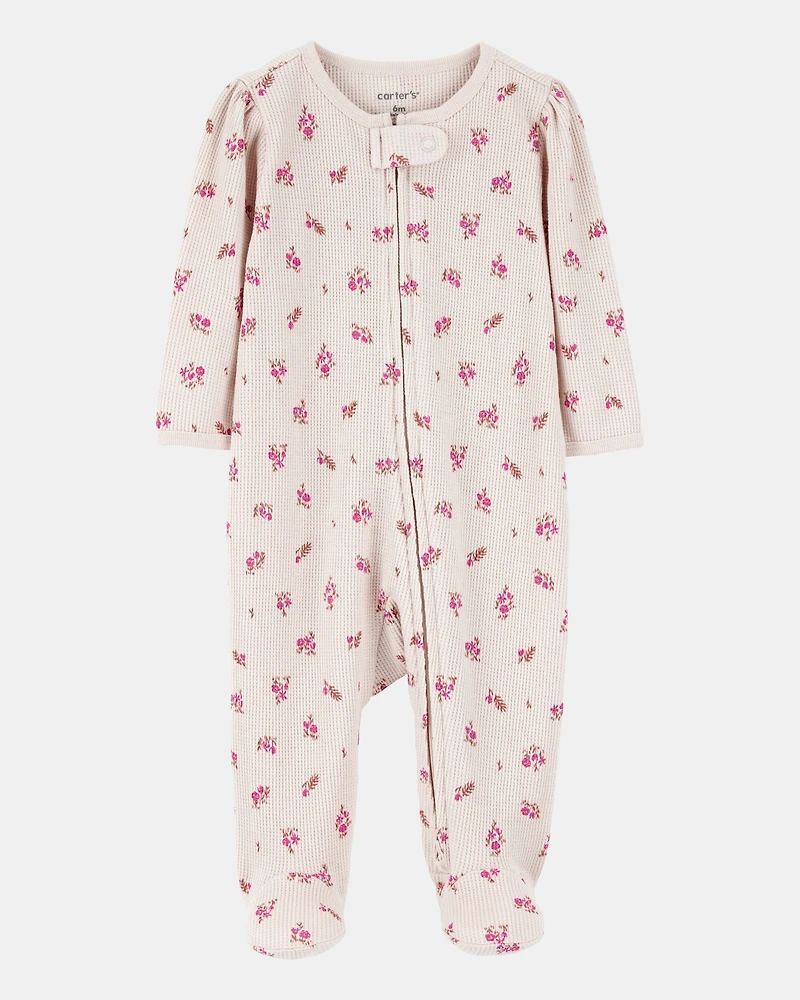Baby Girl Floral 2-Way Zip Waffle Knit Sleep & Play Pajamas - Khaki