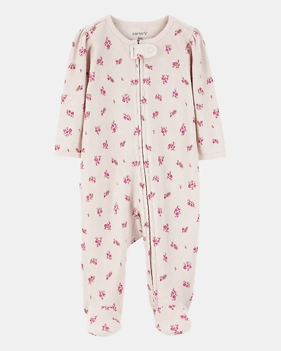 Baby Girl Floral 2-Way Zip Waffle Knit Sleep & Play Pajamas - Khaki