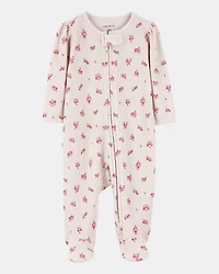 Baby Girl Floral 2-Way Zip Waffle Knit Sleep & Play Pajamas - Khaki