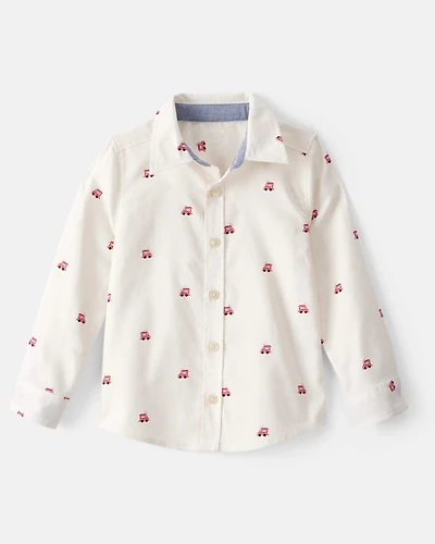 Toddler Boy Train Print  Button-Down Shirt - White