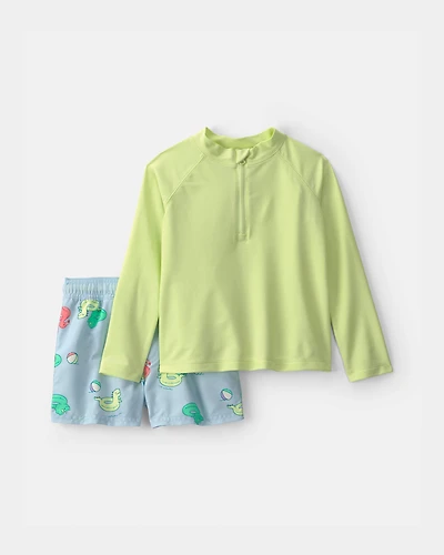 Toddler Boy 2-Piece Dinosaur Rashguard Swimsuit Set - Green/Blue