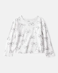 Girls Bow Print Long-Sleeve Top - Grey