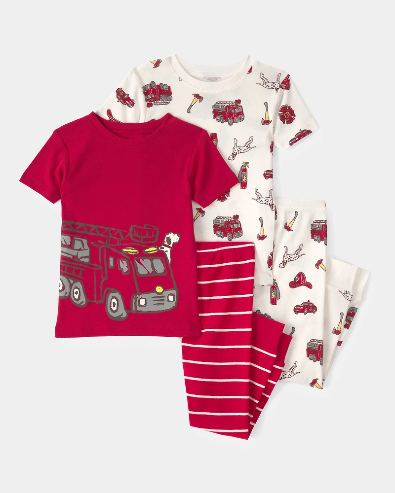 Toddler Boy Firetruck Striped 100% Cotton Snug Fit 4-Piece Pajama Set - Red/White