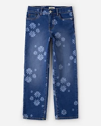 Girls Dark Wash Floral Print Denim Straight-Leg Jeans - Blue