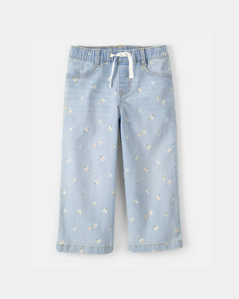 Toddler Girl Floral Drawstring Wide-Leg Jeans - Light Wash