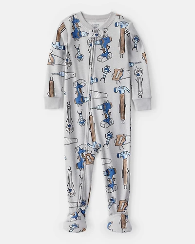 Toddler Boy Construction 100% Cotton Long-Sleeve Snug Fit 1-Piece Pajamas - Grey