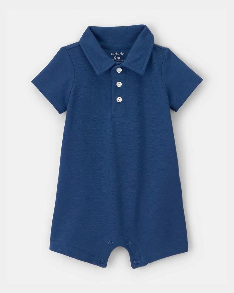 Baby Boy Pique Polo Short-Sleeve Romper - Navy Blue