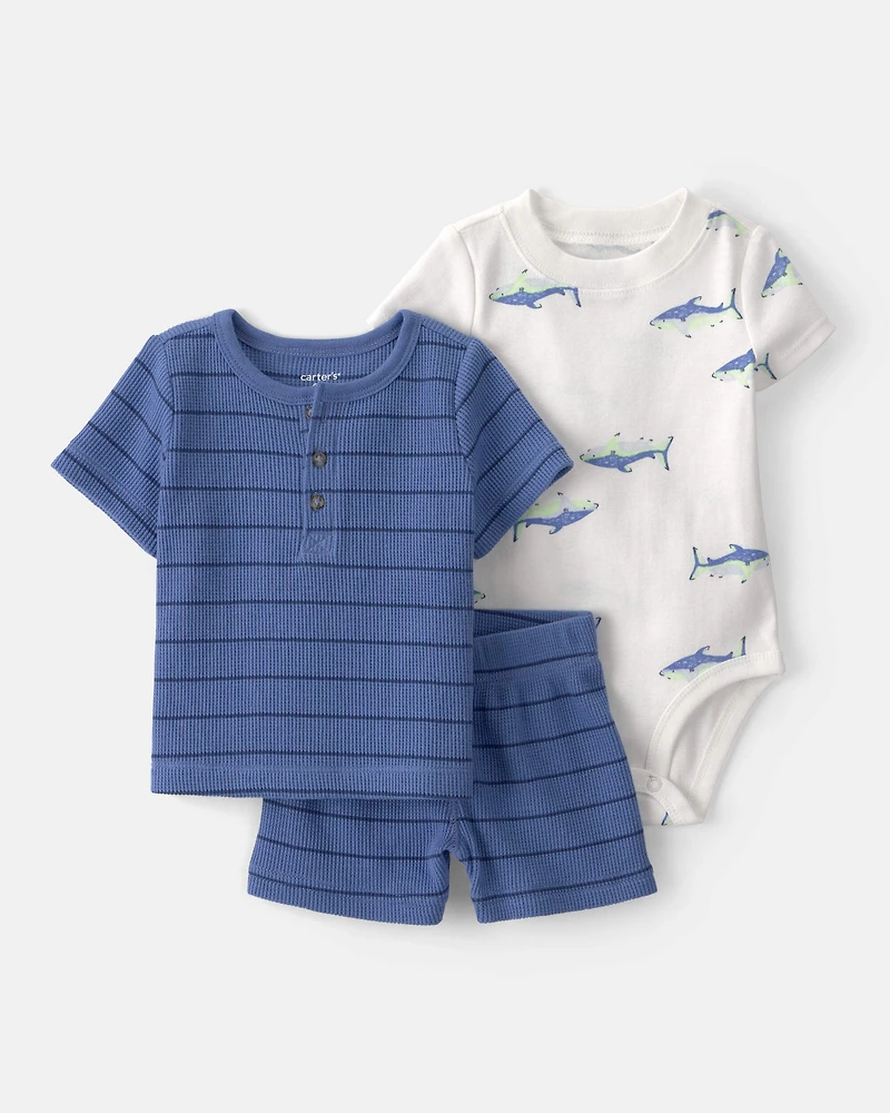 Baby Boy 3-Piece Shark Striped Outfit Set - Blue/White