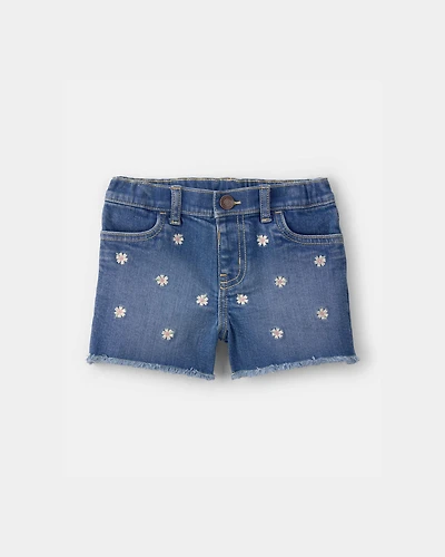 Toddler Girl Daisy Denim Embroidered Shorts - Dark Wash