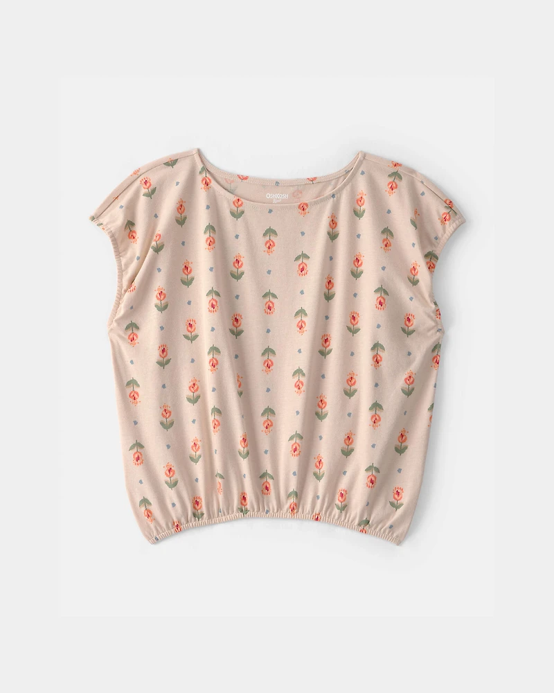 Girls Floral Short-Sleeve Top - Tan