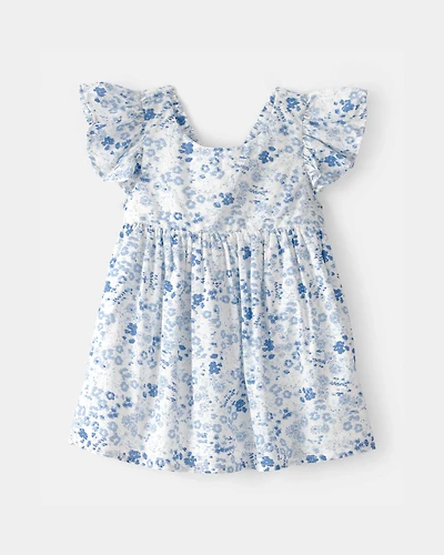 Baby Girl Floral Ruffle Dress - Blue/White
