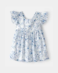 Baby Girl Floral Ruffle Dress - Blue/White