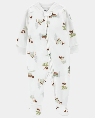 Baby Boy Barn Print Fleece Sleep & Play Pajamas - White