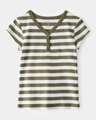 Kid Ribbed Henley Striped Short-Sleeve Shirt - Green