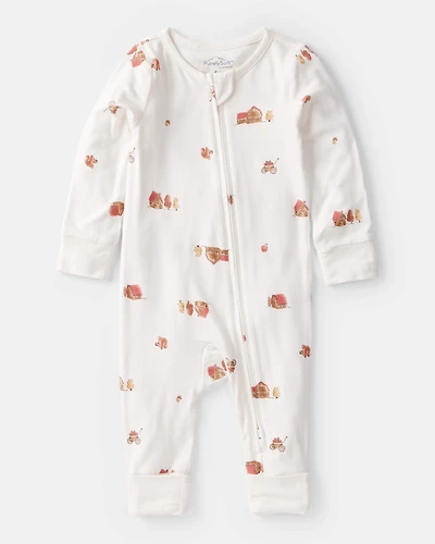 Baby Barn Print PurelySoft Long-Sleeve 2-Way Zip Sleep & Play Pajamas - White