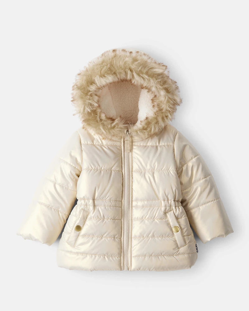 Baby Girl Hooded Heavyweight Winter Jacket - Cream
