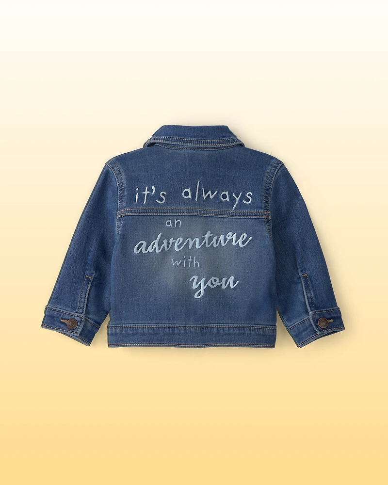 Baby Disney© Winnie the Pooh Embroidered Knit-Like Denim Jacket with Back Art - Dark Wash