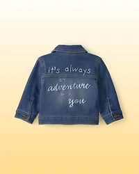 Baby Disney© Winnie the Pooh Embroidered Knit-Like Denim Jacket with Back Art - Dark Wash