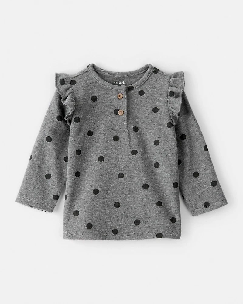Baby Girl 2-Piece Flutter-Sleeve Polka Dot Long-Sleeve Top & Pant Set - Grey