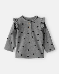 Baby Girl 2-Piece Flutter-Sleeve Polka Dot Long-Sleeve Top & Pant Set - Grey