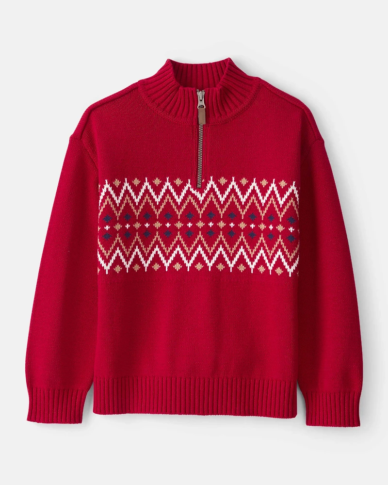 Boys Fair Isle Cotton Quarter-Zip Long-Sleeve Sweater - Red