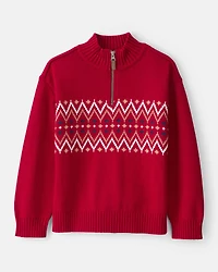 Boys Fair Isle Cotton Quarter-Zip Long-Sleeve Sweater - Red