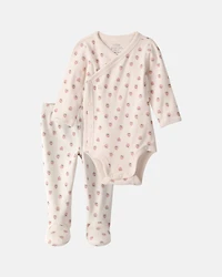 Baby Girl 2-Piece Organic Cotton Wrap Bodysuit & Pant Set in Strawberry Print