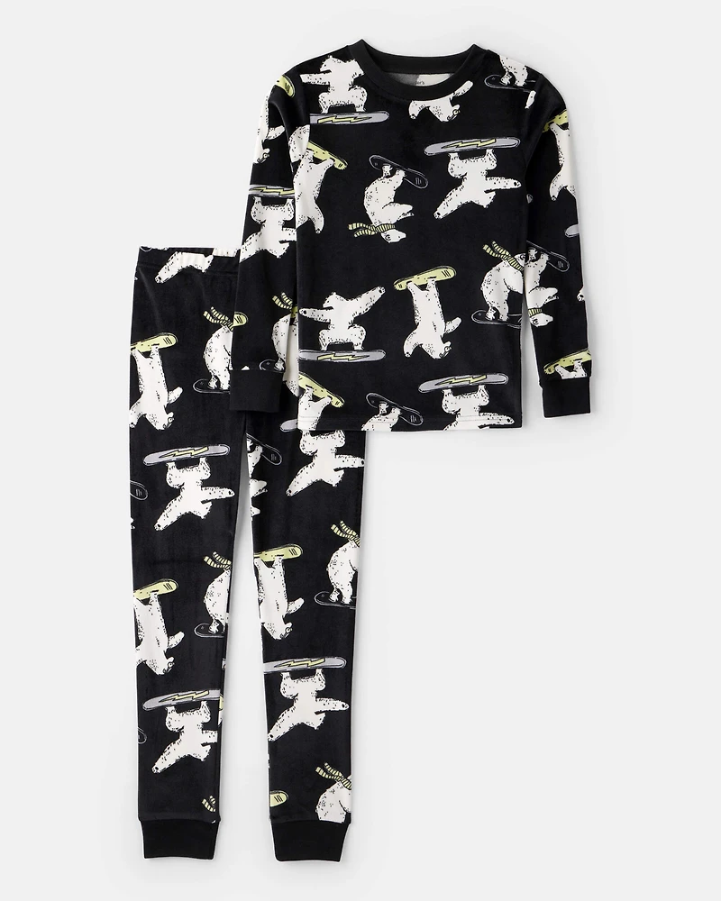 Boys Polar Bear Print DreamPlush Long-Sleeve Snug Fit 2-Piece Pajamas - Black