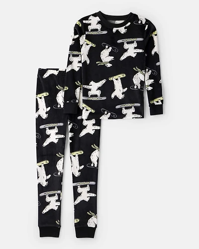 Boys Polar Bear Print DreamPlush Long-Sleeve Snug Fit 2-Piece Pajamas - Black