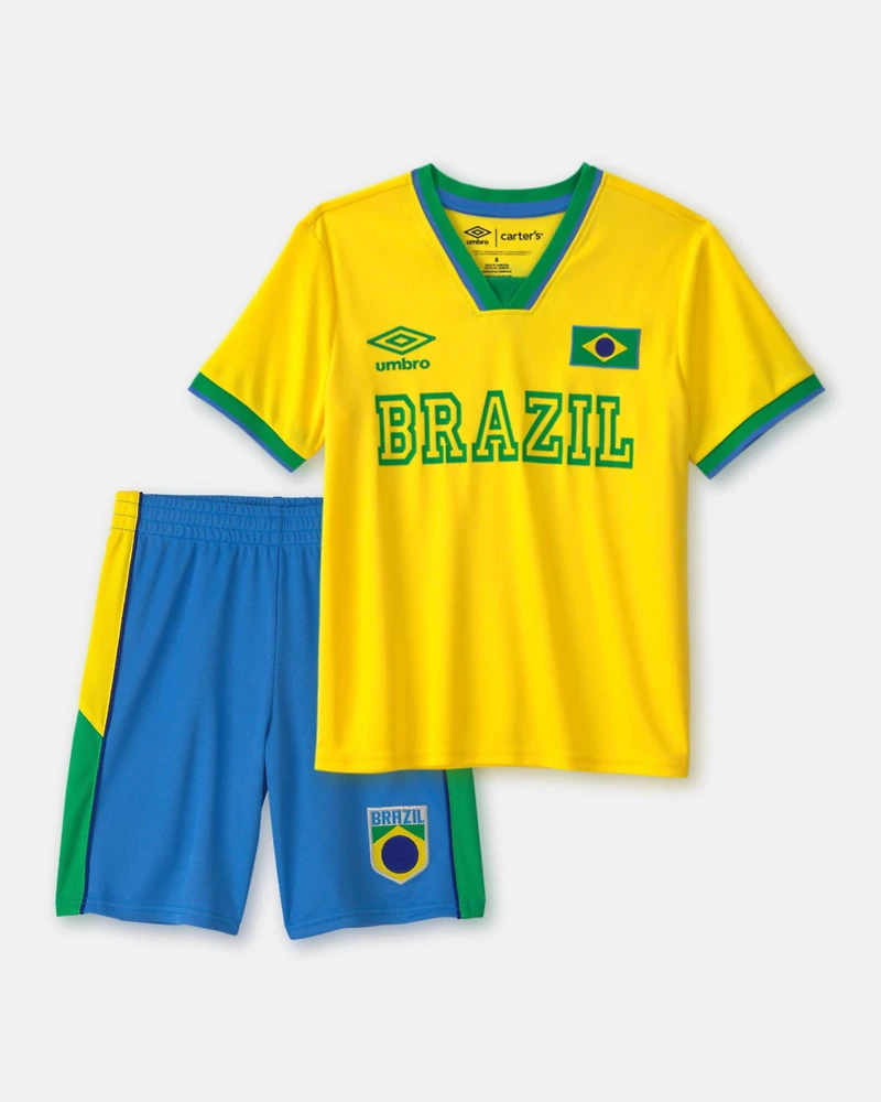 Kids 2-Piece Umbro Brazil Soccer Jersey & Short Set - Blue/Yellow/Green