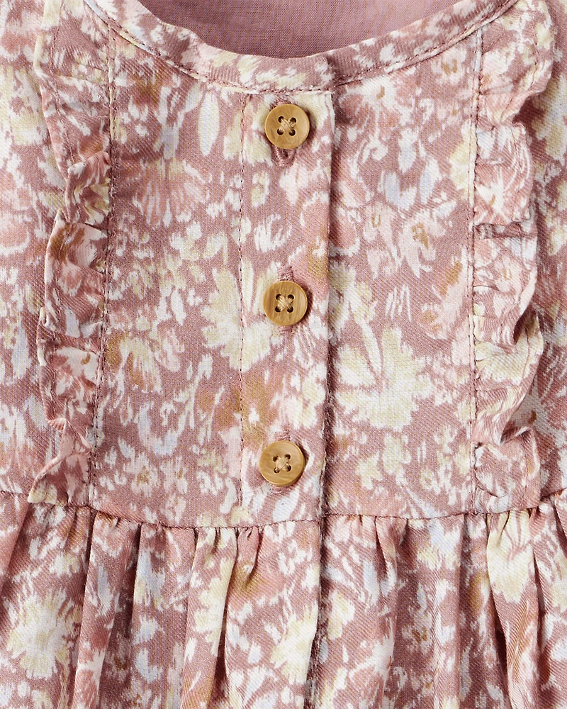 Baby Girl Floral Cotton Long-Sleeve Dress - Pink